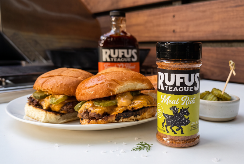 Stack of smashed burgers and rufus teague products