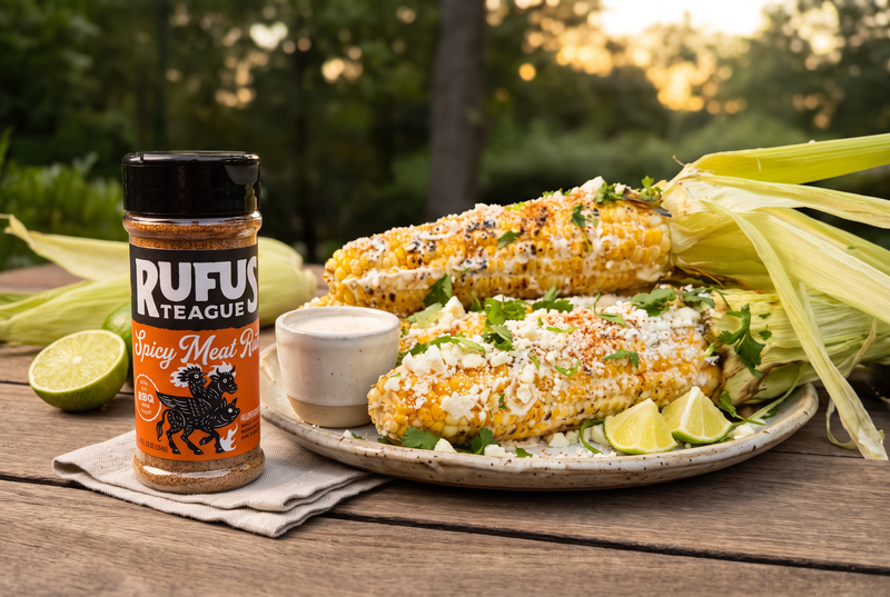 Pile of street corn and Spicy Meat Rub