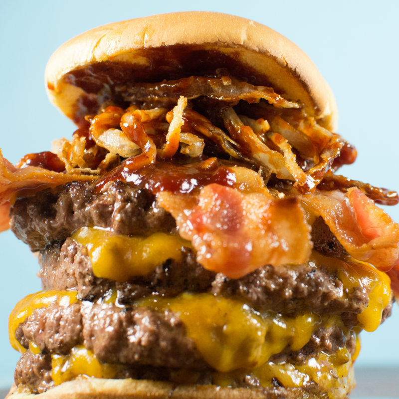 Mega Western Bacon Burger with Homemade Onion Strings
