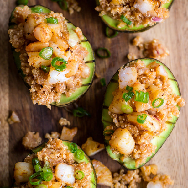 Grilled Avocados with Shrimp and BBQ Quinoa