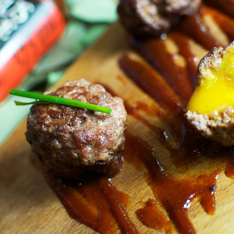 Cheddar Stuffed Meatballs with BBQ Beer Sauce