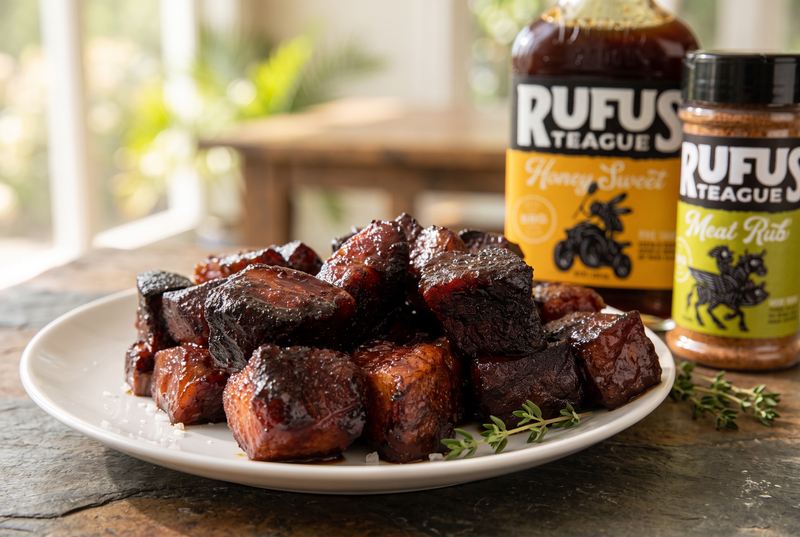 pile of pork belly burnt ends and honey sweet and meat rub
