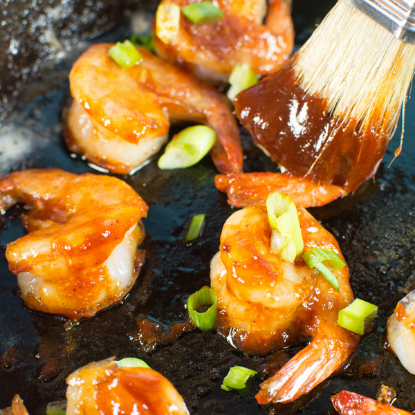 BBQ Glazed Shrimp Crostini with BBQ Bacon Jam and Avocado