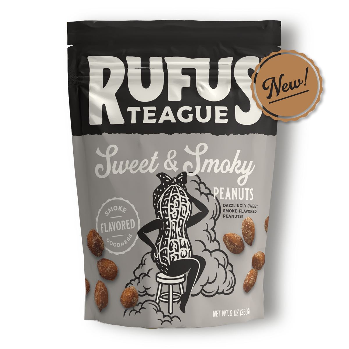 Rufus Teague Sweet & Smoky Peanuts 9oz resealable pouch, front