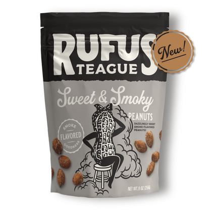 Rufus Teague Sweet & Smoky Peanuts 9oz resealable pouch, front